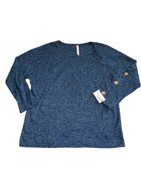NY Collections Womens Ribbed Long Sleeve Blouse-Blue-Size L-NWT